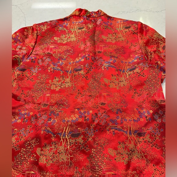 Richness FashionRed Satin Feeling Brocade Chinese Blouse Size Large - Picture 7 of 8